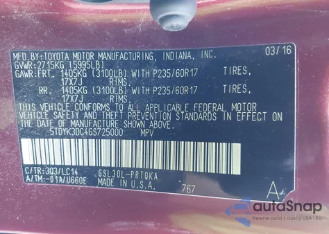 2016 Toyota Sienna Xle 8 Passenger z USA, uszkodzony, nr VIN 5TDYK3DC4GS725000